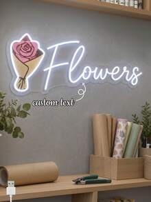 1PC Custom Text Flowers Neon Sign, Personalized LED Flower Shop Wall Light With Rose Bouquet, USB Powered Floral Neon Wall Decor For Florist Studio, Flower Shop, Boutique, Business Decor, Wedding Backdrop, Grand Opening Gift - Multi-color 2 - View 1