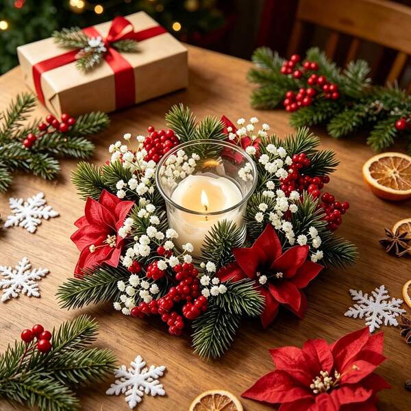 1pc Christmas Candle Ring Wreath Decor, Artificial Pine Needle Red Berry White Baby's Breath Mini Wreath, Holiday Tabletop Candle Holder Surround Decoration, Dining Table Atmosphere Christmas Decor, Christmas Candle Holder DIY Decoration, Christmas Tabletop Atmosphere Decor, Christmas Holiday Soft Decoration, Christmas Dining Table Photo Prop, Vintage Christmas Candle Ring, Christmas Artificial Greenery Candle Ring, Christmas Party Tabletop Arrangement, Christmas Home Decor, Christmas Dinner Decoration, Gift For Women And Men Friends, Christmas Home Essential, Valentine's Day