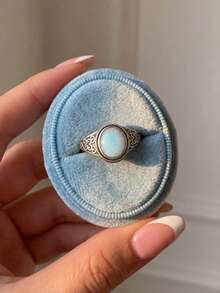 S925 Sterling Silver Vintage Scroll Pattern Opal Ring, Distressed Carved Iridescent Australian Opal Niche Women's Finger Ring Accessory - Silver - View 3