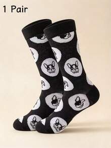 Black Cartoon French Bulldog Print Mid-Calf Socks, Personalized Casual Versatile Comfortable Breathable Couple Socks - Multicolor - View 4