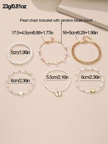 6pcs/Set Girls' Pearl & Seed Bead Heart & Butterfly Beaded Bracelet, Decorative For Daily Wear - Multicolor - View 6