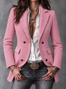 Women's Elegant Preppy Double-Breasted Blazer, Loose Fit, Exquisite Commuter Style Classic Pocket Outerwear - Pink - View 4
