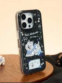 1pc Shiny Westie Double Layer Printed Cartoon Graffiti INS Style Protective Case For IPhone 18 Pro Max 17 Pro 17 Pro Max 18 Pro 16 Pro 15 14 13 12 11 Full Coverage Anti-Drop - White - View 3