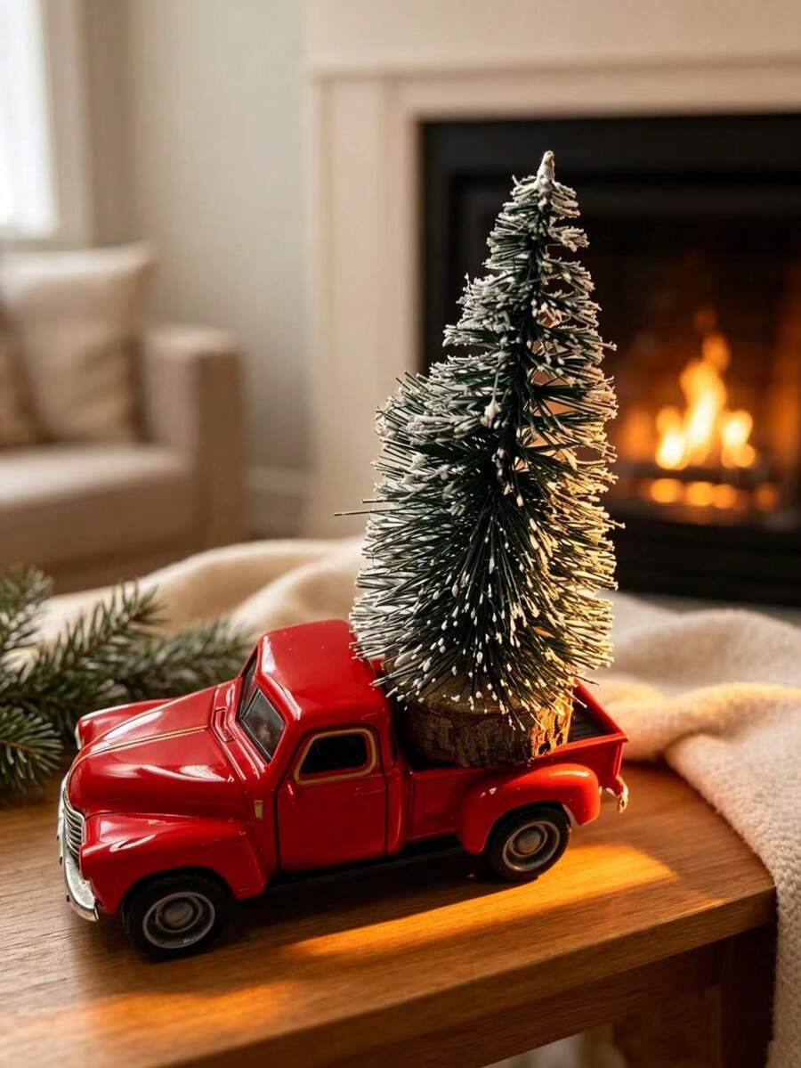 Christmas Red Truck Model Vintage Metal Car Ornament Collectible Toy, With Mini Christmas Tree, Suitable For Desktop Decoration, Perfect Gift For Easter, Christmas And Birthday. - Multicolor - View 1