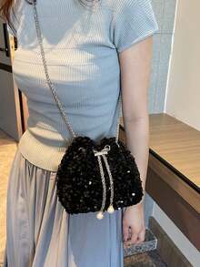 Bucket Bag Black Sequin Fabric Metal Chain Pearl Decor Drawstring Handbag Evening Party Wedding Shoulder Crossbody Bag For Women Night Out - Black - View 2