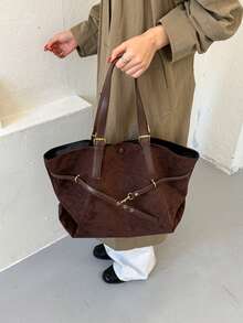 Women's Large Capacity Fashionable Personalized Coffee Color Buckle Design Matte PU Tote Bag, Suitable For Shopping And Commuting In Autumn/Winter - Coffee - View 5