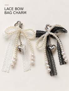 1-2pcs Plastic Sweet Pearl Bow Keychain, Heart-Shaped Lace Pendant, Korean Y2K Car Key Ring, Bag Charm, Minimalist Girly Style - Multicolor - View 1