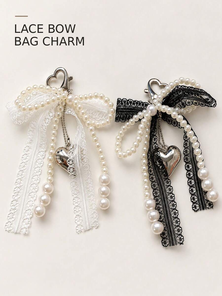 1-2pcs Plastic Sweet Pearl Bow Keychain, Heart-Shaped Lace Pendant, Korean Y2K Car Key Ring, Bag Charm, Minimalist Girly Style - Multicolor - View 1