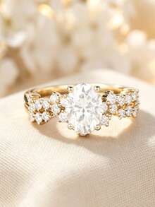2Pcs Rose Gold Women Oval Stackable Rings Elegant Style Artificial Synthetic Zirconia For Wedding Banquet Party Anniversary No Box. - Gold - View 3