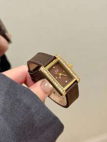 1pc Women's Quartz Watch – Coffee Brown, Rectangular Dial, Rhinestone Bezel – Suitable For Daily Wear And Office Attire - Coffee Brown - View 1