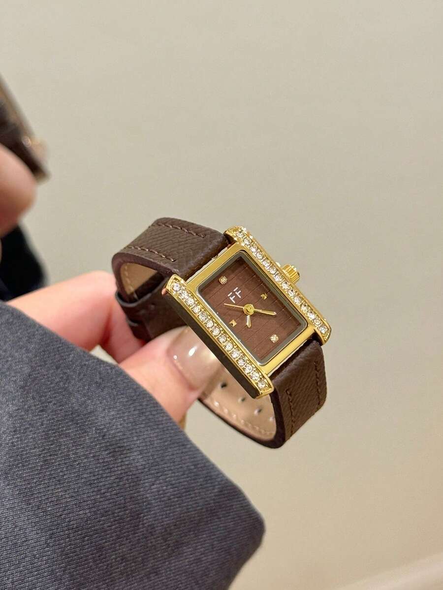 1pc Women's Quartz Watch – Coffee Brown, Rectangular Dial, Rhinestone Bezel – Suitable For Daily Wear And Office Attire - Coffee Brown - View 1