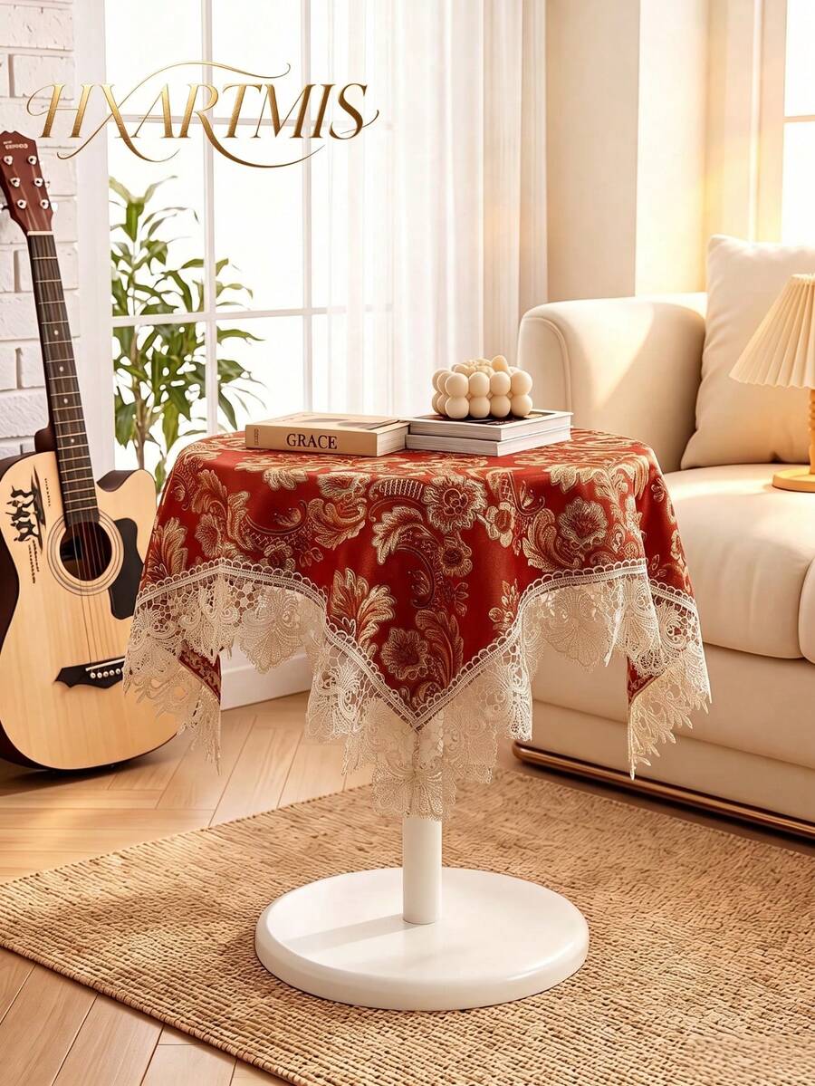 HXARTMIS 1pc Vintage Floral Jacquard Lace Trim Tablecloth, Red Square Decorative Table Cover, Suitable For Coffee Table, Wedding And Holiday Home Decor - Red - View 1