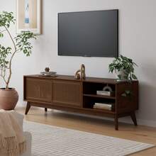 Mid-Century Modern Rattan TV Stand For 59-Inch And 65-Inch TVs, Entertainment Center, Media Console For Living Room And Media Room, Solid Wood Legs And Rattan Doors - Dark Walnut - Dark Walnut - View 6