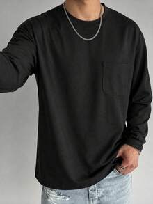 Men's Spring/Autumn Fashion Versatile Daily Commute Design Crew Neck Long Sleeve T-Shirt With Pockets - Black - View 4