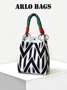 Black And White Contrast Canvas Tote Bag With Black And White Line Design, Elegant Bucket Bag Design, Multifunctional Canvas Bag With Unique Woven Handles, Suitable For Daily Use, Street Style And Coffee Dates. Perfect For Women, Students And Professionals. - Multicolor - View 1
