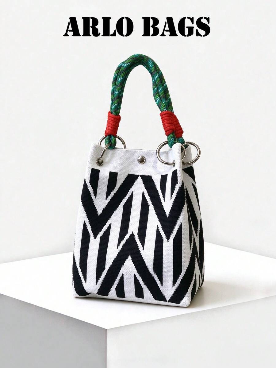 Black And White Contrast Canvas Tote Bag With Black And White Line Design, Elegant Bucket Bag Design, Multifunctional Canvas Bag With Unique Woven Handles, Suitable For Daily Use, Street Style And Coffee Dates. Perfect For Women, Students And Professionals. - Multicolor - View 1