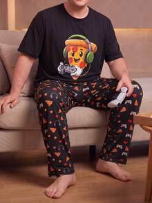 Plus Size Men's Funny Pizza Game Print Pajama Set, Autumn/Winter Short Sleeve T-Shirt + All-Over Print Long Pants, Loose Casual Loungewear - Black - View 1