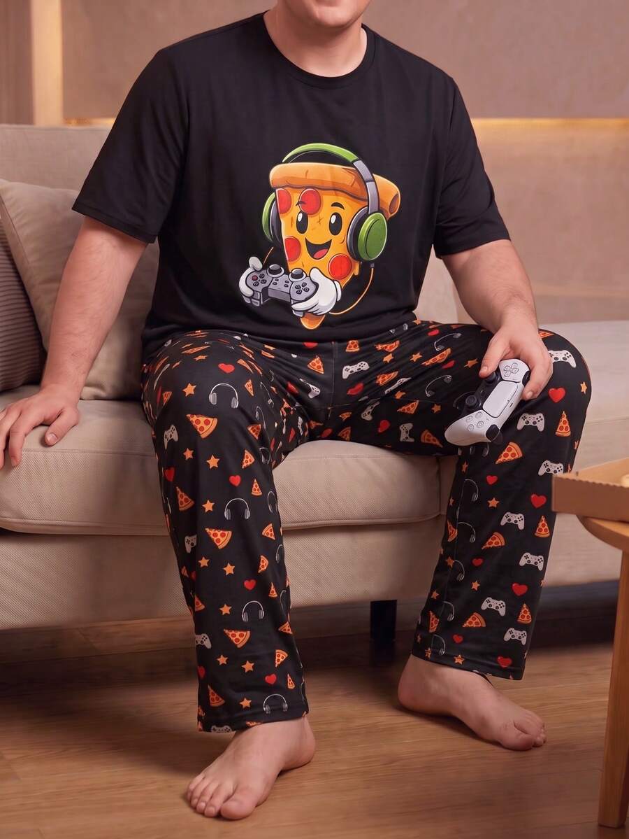Plus Size Men's Funny Pizza Game Print Pajama Set, Autumn/Winter Short Sleeve T-Shirt + All-Over Print Long Pants, Loose Casual Loungewear - Black - View 1