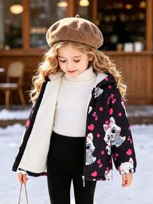 Young Girl Casual Fashion Printed Cartoon Pattern Regular Fit Zipper Hooded Fleece Jacket For Autumn And Winter - Black - View 2