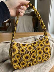 1 buah Tas Bahu Corduroy Motif Leopard & Bunga Matahari, Tas Selempang, Kapasitas Penyimpanan Besar, Penutup Resleting, Tas Tangan Baguette Y2K untuk Hadiah Perjalanan Sehari-hari - MultiWarna - View 10