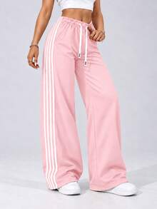 AODSR Women Pink Wide Leg Sweatpants Track Pants Side Stripe Drawstring Elastic High Waist Loose Fit Casual Athletic Pants - Pink - View 6