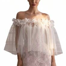1pc 3D Floral Mesh Shawl, Elegant Solid Color Breathable Cape, Casual Decorative Wrap, Suitable For Party, Ball, Wedding, Bridal, Bohemian Style - White - View 3