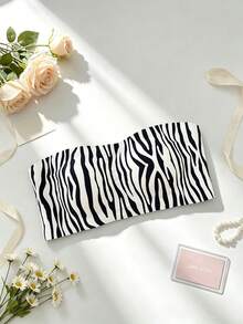 1pc Zebra Stripe Non-Slip Strapless Bandeau Bra With Side Support Anti-Slip Underwear For Women - Black - View 6