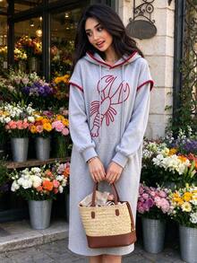 Grey Lobster Embroidered Hooded Sweatshirt Dress For Women, Red Wavy Trim Side Slit Loose Long Slouchy Sweatshirt Dress - Grey - View 6
