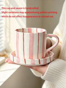 Hand Painted Vertical Striped Ceramic Mug & Saucer Set, Aesthetic Pastel Coffee Cup For Latte, Milk Tea, Afternoon Tea, Cute Table Decor - Multicolor - View 6