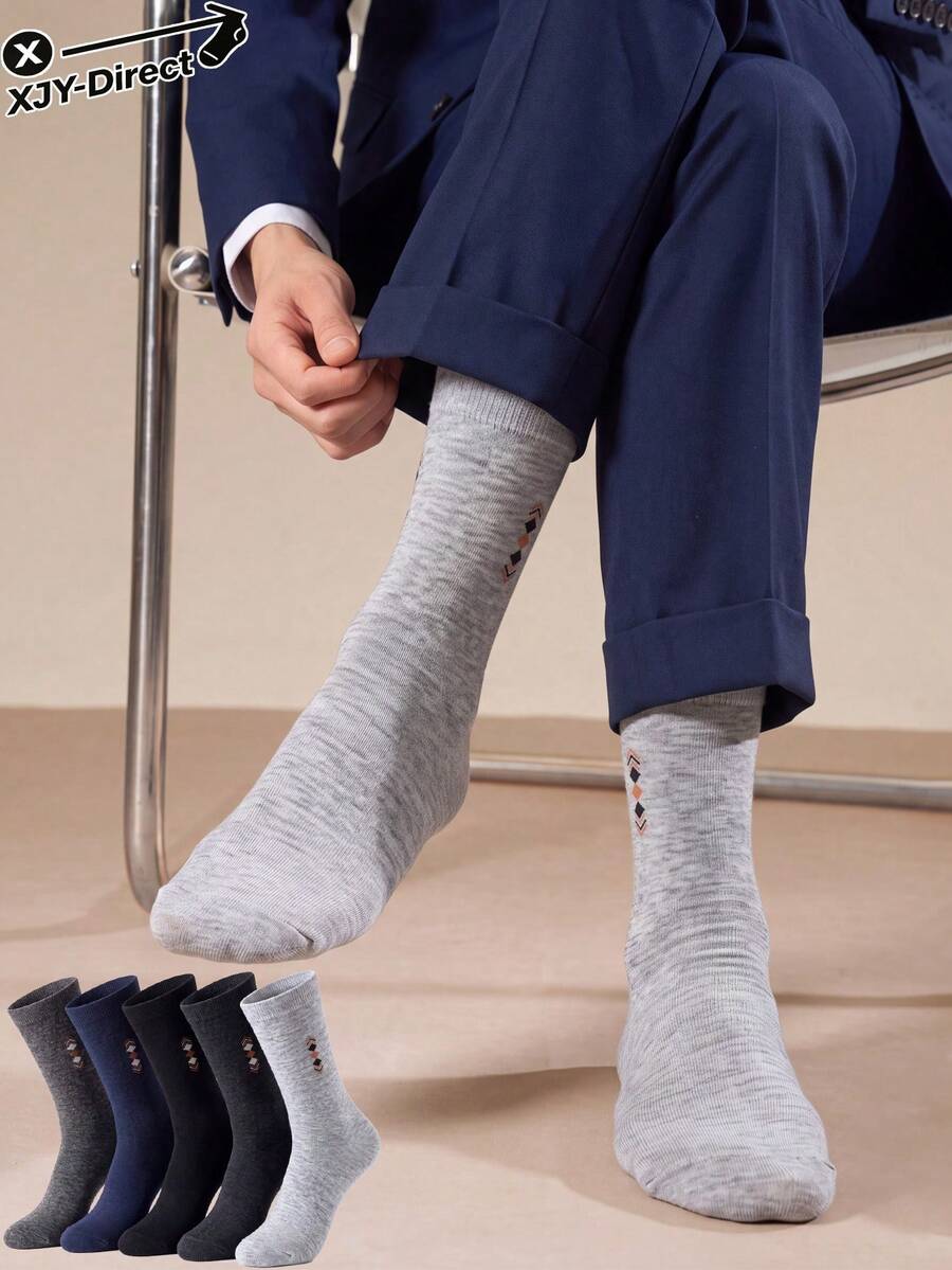 5 Pairs Random Assorted Men's Business Casual Mid-Calf Socks, Breathable, Moisture-Wicking, Soft Skin-Friendly, High Elastic Ribbed Cuff, Anti-Pilling, Simple Diamond Geometric Jacquard, Suitable For Commuting, Office, Home, Daily Wear, All Seasons - Multicolor - View 1