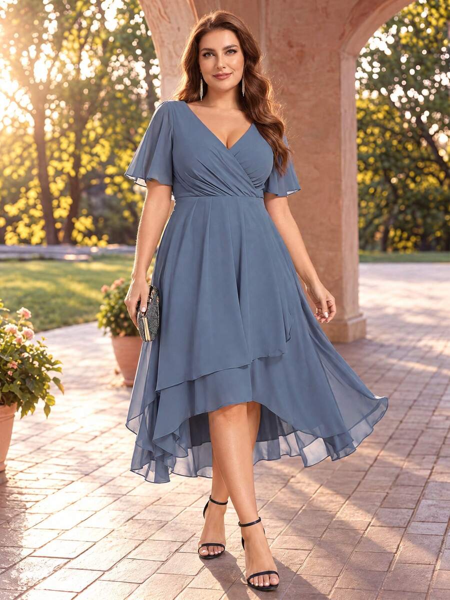 EVERPRETTY Plus Size Elegant Chiffon V-Neck Ruched Blue Bridesmaid Dress, Soft High-Low Ruched Hem Blue Dress Suitable For Weddings, Formal Occasions