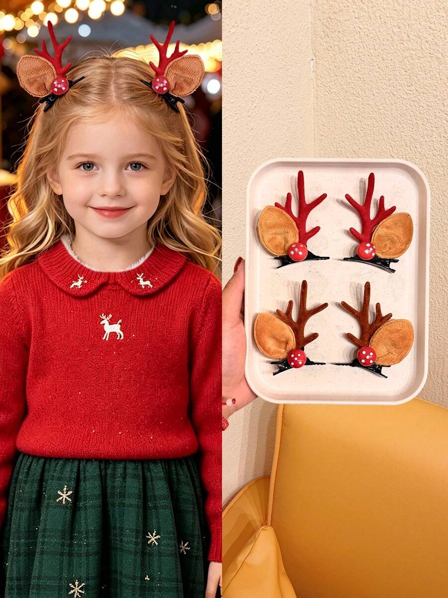 2/4PCS Girls Christmas 3D Deer Horn & Mushroom Hair Clips, Sweet Cute Atmosphere Holiday Party Hair Accessories - Multicolor - View 1