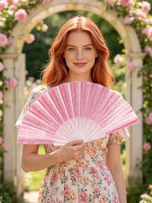 Shiny Portable Folding Fan Transparent Frame Pink Sequin Fabric Summer Gear Suitable For Carnival Festivals Concerts Weddings Travel Party Gifts - Pink - View 2