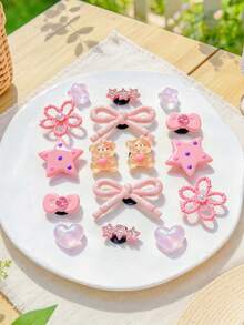 16pcs Cute Girly Style Shoe Charms, Bow Bear Star Heart Flower Detachable DIY Shoe Buckle Accessories - Pink - View 2