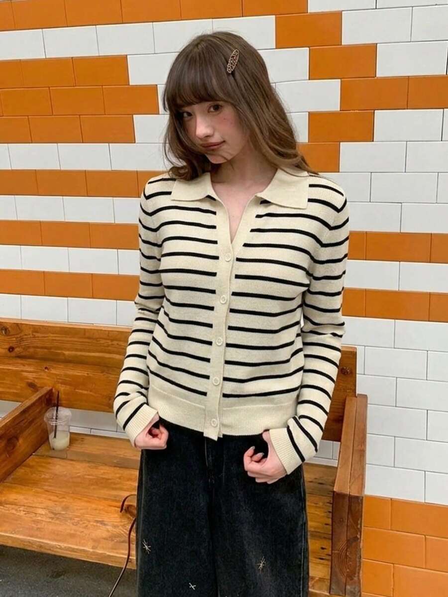 Contrast Color Striped Lapel Collar Spring Summer Autumn Long Sleeve Front Button Ribbed Casual Women's Cardigan - Apricot - View 1