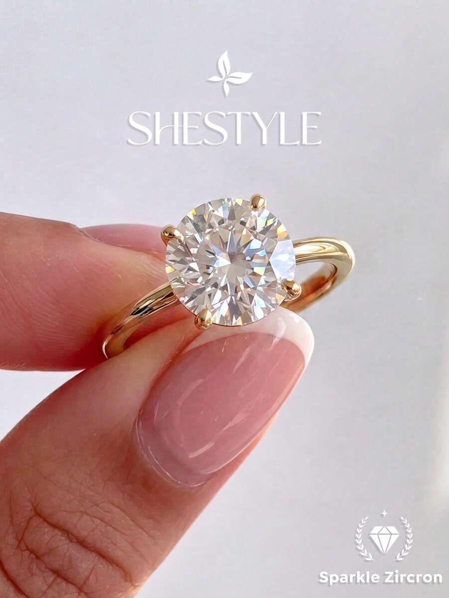 1pc Elegant 4-Prong Round Solitaire Diamond Ring For Women, Women's Jewelry Gift, Engagement Gift, Party Gift