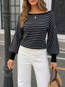 Women's Plus Size Striped Off-Shoulder Long Sleeve Sweater, Suitable For Office Wear, 2026 Newest Plus Size Pullover - Grey - View 3