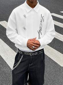 HOMIIE Men's White Frog Button Lapel Short Long Sleeve Shirt, Letter Print Loose Fit Casual Street Style Back To School Daily Wear, Suitable For Young Men - White - View 7