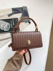Women's Woven Texture Small Handbag, Vintage Knotted Top Handle Shoulder Bag, Flap Lock Crossbody Bag - Coffee - View 6
