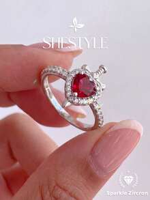 1pc Vintage Red Heart Ring, Women's Daily Accessory Or Gift - Simple Decoration - View 2