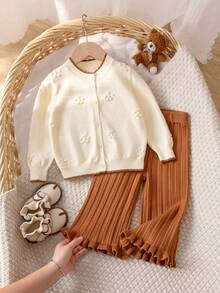 2pcs/Set 1pc Baby Girl Elegant Solid Color Ruffle Collar Long Sleeve Knitted Cardigan And 1pc Baby Girl Solid Color Lace Knitted Pants, Suitable For Daily Casual, Vacation, Spring, Autumn, Winter - Apricot - View 1