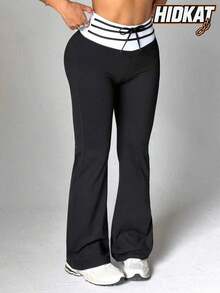 Hidkat Women's Solid Black & White Colorblock Drawstring High Waist Fitted Yoga Knit Casual Flare Pants - Black and White - View 1