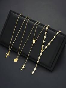 Juego de 4 piezas de collares de clavícula con colgante de cruz dorada y perlas en forma de Y, estilo vintage elegante europeo & americano, adecuado para uso diario y fiestas, collar largo premium con borlas - Dorado - Ver 3