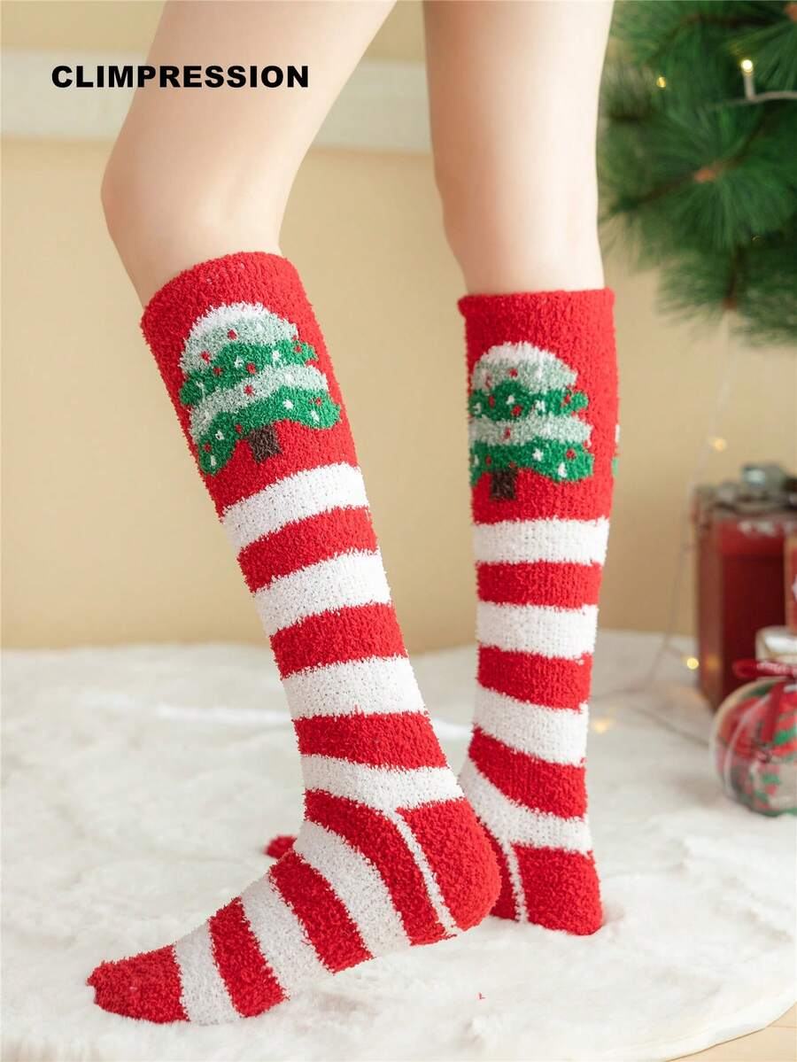 CLIMPRESSION Christmas Elf Knee-High Socks, Plush Coral Fleece Warm Slippers Socks With Pom Poms, Holiday Cosplay Indoor Floor Socks - Red - View 1