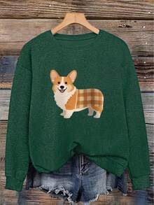 Corgi-Print Digitally-Patterned Crew-Neck Sweater; Casual, Stylish, Plus-Size Women's Sweater For Autumn And Winter; Long-Sleeved Crew-Neck Pullover. - Dark Forest Green - View 7