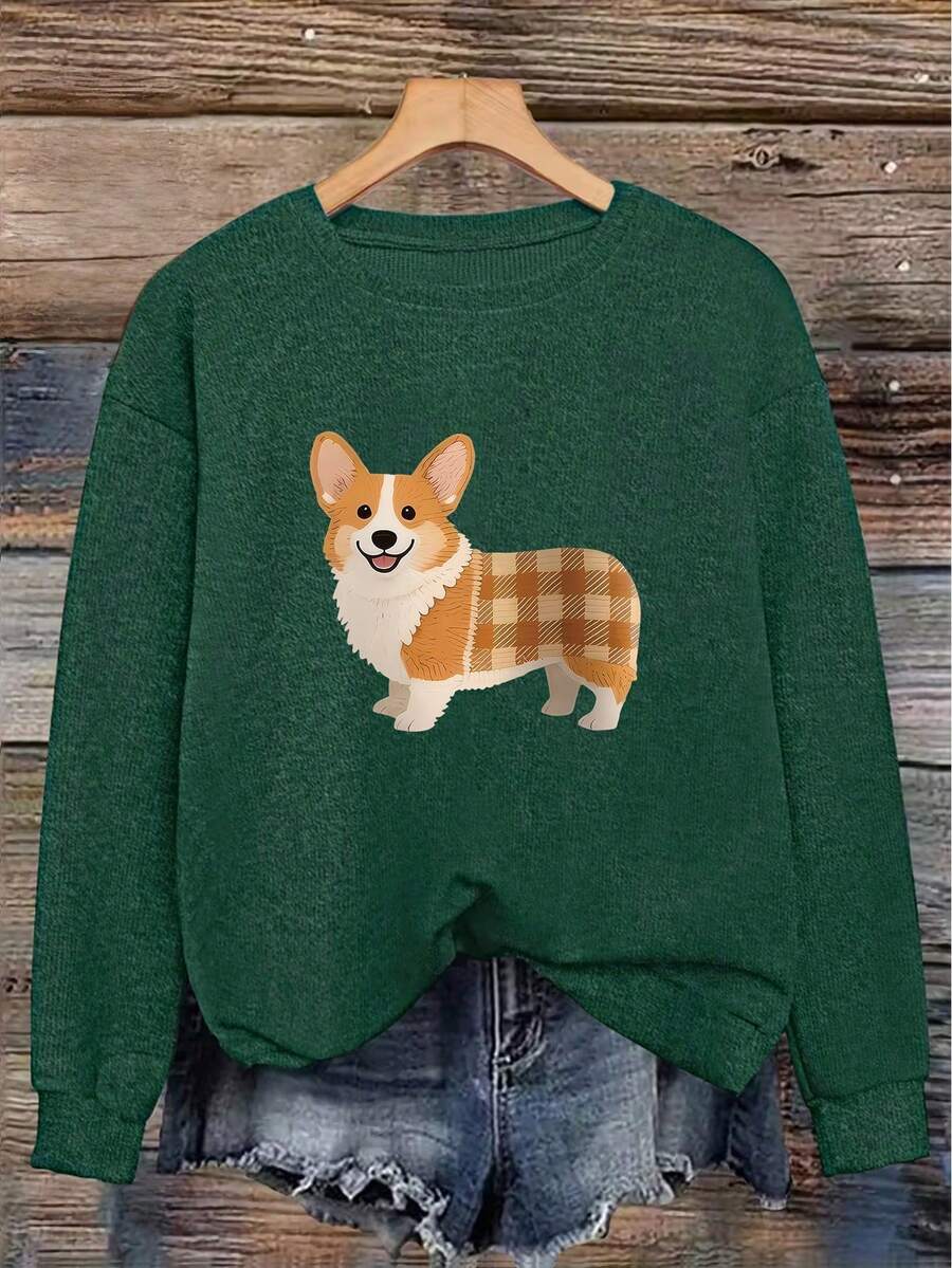 Corgi-Print Digitally-Patterned Crew-Neck Sweater; Casual, Stylish, Plus-Size Women's Sweater For Autumn And Winter; Long-Sleeved Crew-Neck Pullover. - Dark Forest Green - View 1
