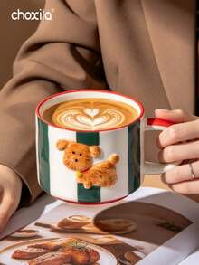 choxila 1pc Cute Embossed Puppy Ceramic Mug, Color Block Striped Coffee Cup, Creative Cartoon Dog Drinkware For Home Kitchen Gift - Striped Puppy Ceramic Mug - View 5