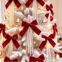 1pc Christmas Flocked Bow Pearl Pendant, Christmas Tree Ornament, Wall Decor Holiday Scene Arrangement - Multicolor - View 4