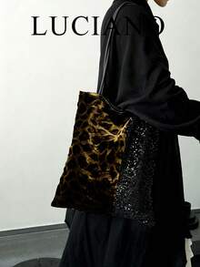 Tas Tote Sequin Patchwork Motif Leopard Gaya Hot Girl, Tas Bahu Kapasitas Besar Gaya Manis dan Keren, 1 buah Tas Wanita Poliester Colorblock - Hitam - View 11
