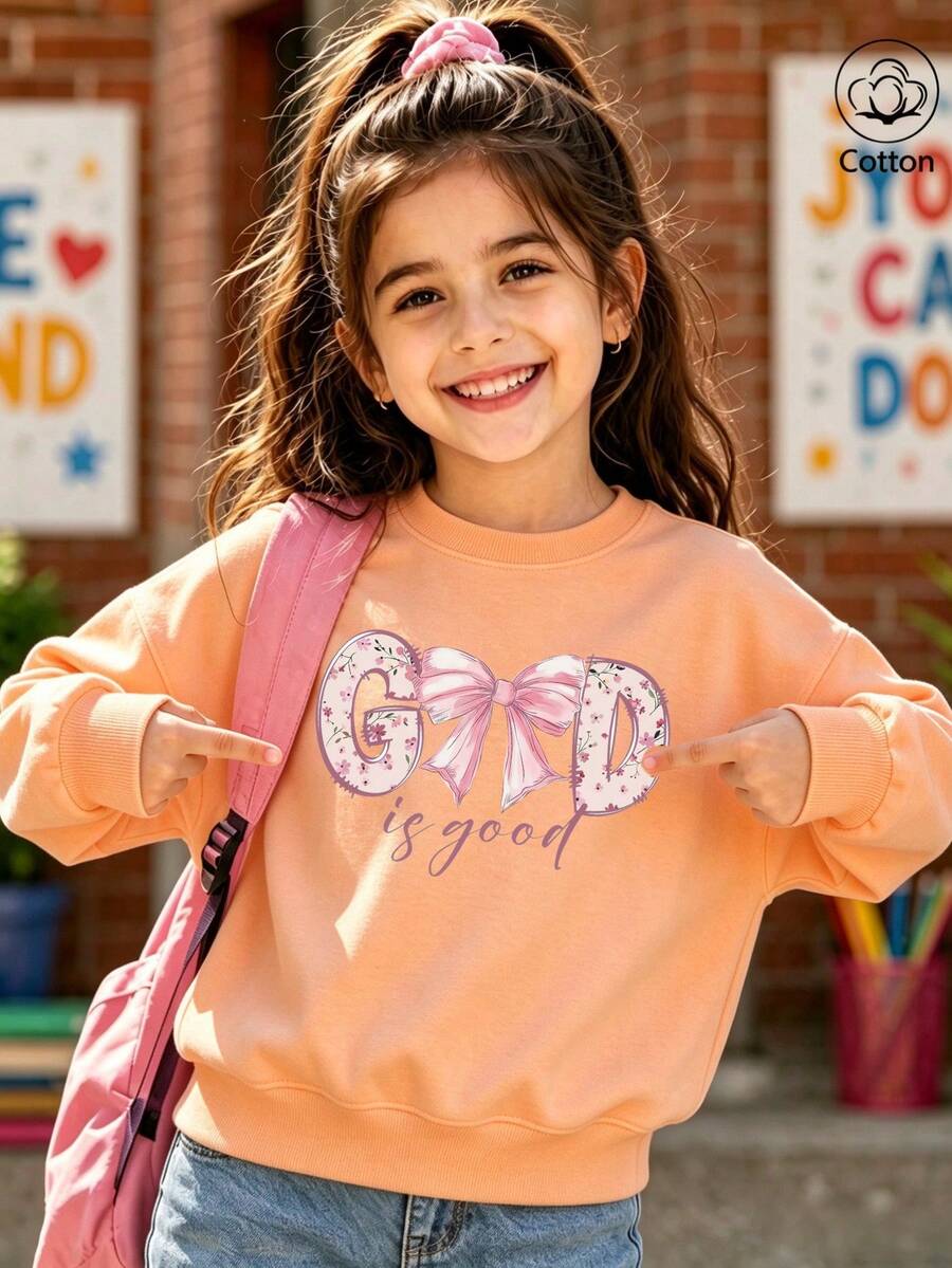 Cotton Girls' Crewneck Pullover Sweatshirt, Autumn Winter Loose Fit With Bow Print And "GOD Is Good" Text, Cute Sweet Girly Preppy Style - Hami Melon Orange - View 1